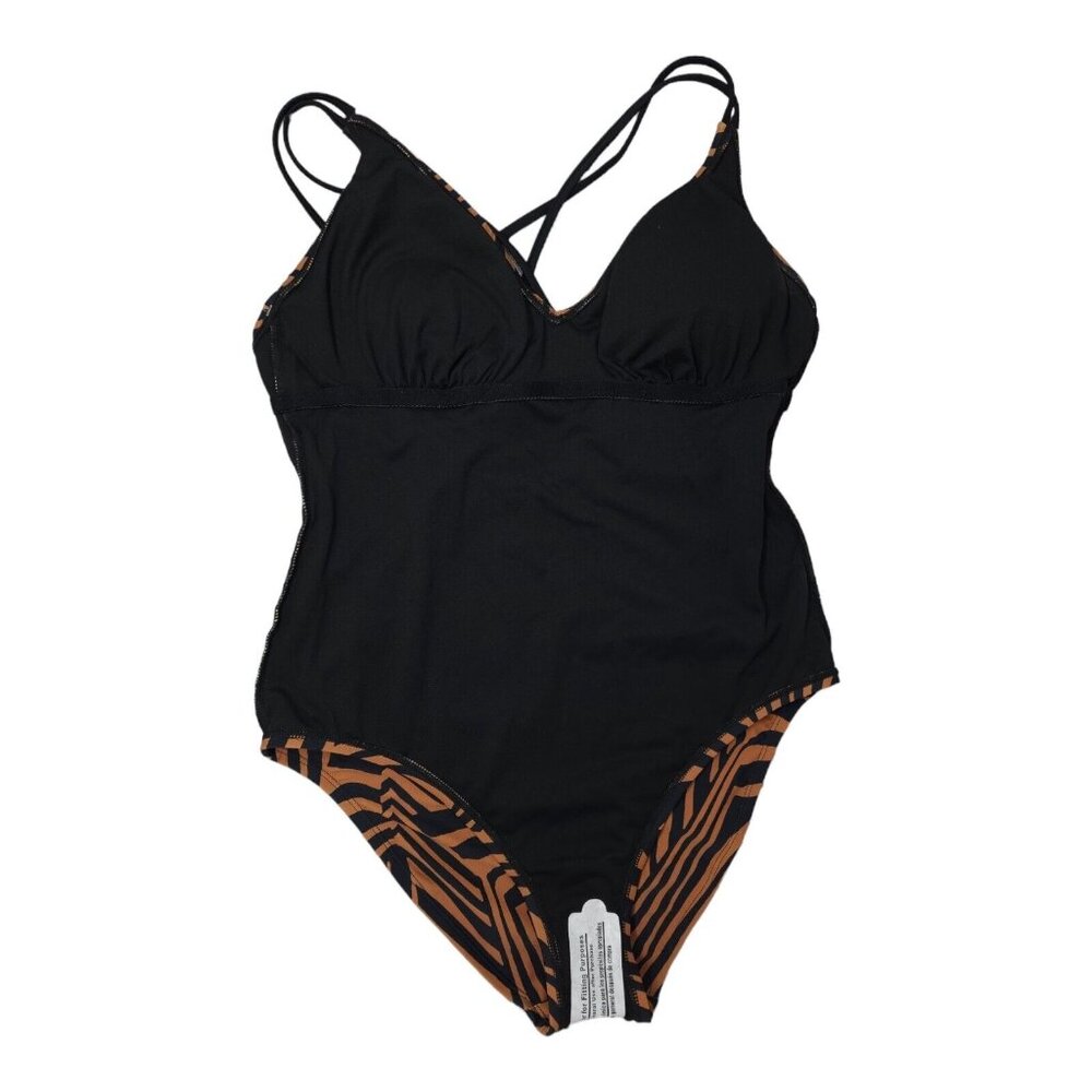Hurley One Piece Swimsuit Brown Animal Print Size Large UPF 50 V-Neck With Bra - Picture 5 of 9